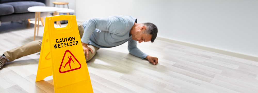 Man laying injured in the ground in an apartment next to a wet floor sign