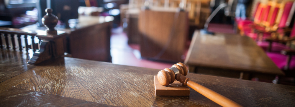 View of the interior of a courtroom from the judge's bench