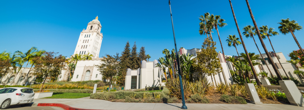 Beverly Hills city hall under a clear sky in Los Angeles, California