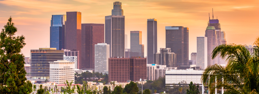 Downtown Los Angeles skyline at sunset